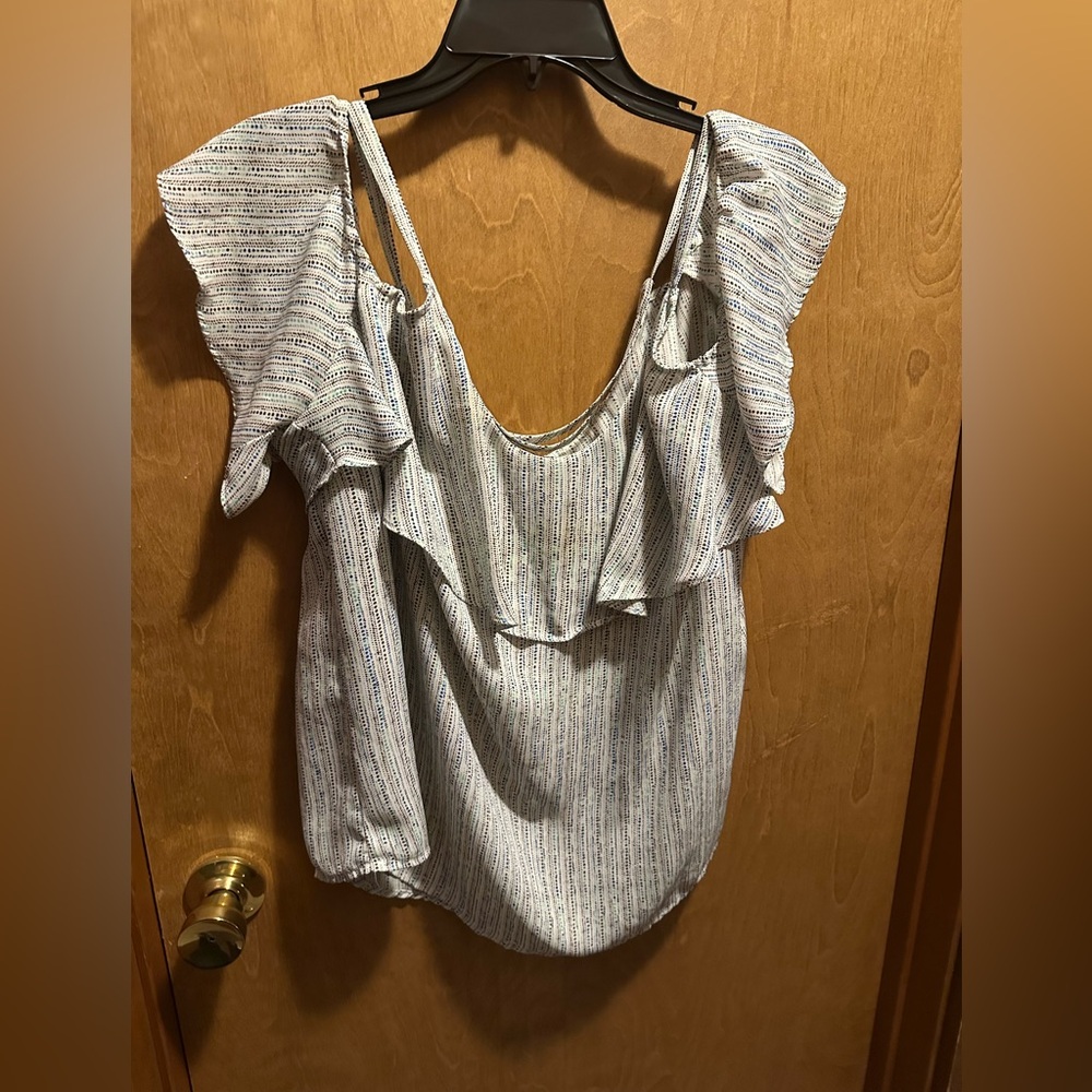 Apt. 9 Women's Ruffled Cols Shoulder Blouse - White and Blue Stripes XXL